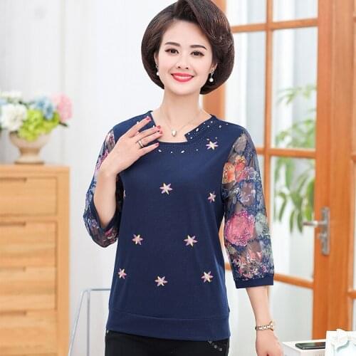 Spring Fashion Women Lace Mesh T-Shirts Pullover Bottom Shirt Mother 3/4 Sleeve Tops Embroidery Tee Shirts Femme 5XL Clothes