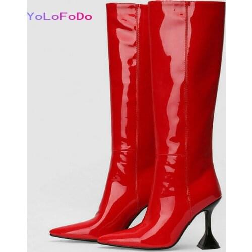 2021 Autumn Winter Women Knee High Boots Patent PU Leather Ladies Thin High Heel Boots Pointed Toe Side Zipper Womens Boots