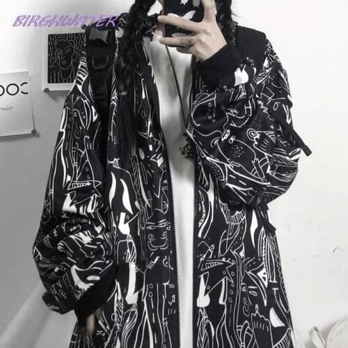 2021 Autumn Women Hoodies Harajuku Cartoon Printing Zip Up Hoodies Loose Oversize Women Sweatshirt Plus Size Female Coat