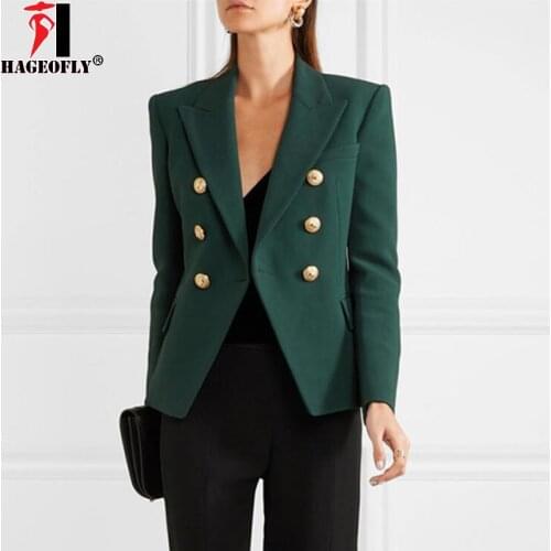 HAGEOFLY Spring Autumn Green Blazer Women Office Slim Formal Jacket Coat Casual Double Breasted Lion Metal Buttons Women Blazer