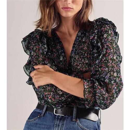 Flare Sleeve Flower Print Female Crop Tops Casual Ruffle Women Blouse Shirt Blouse Girlish Style Chiffon Ladies Blouse