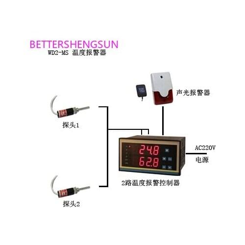 2-channel temperature alarm sound and light integrated temperature alarm controller pt100 probe