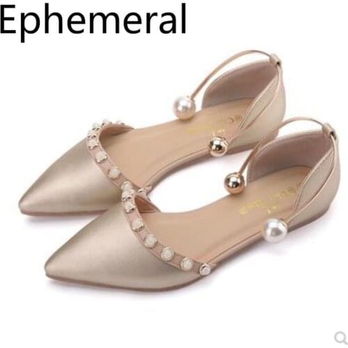 Ladies Pointy Toe Elegant Beading Single Shoes Flats High Quality Cover Heel Sandals Gold Red Plus Size 48-33 Wide Feet Footwear