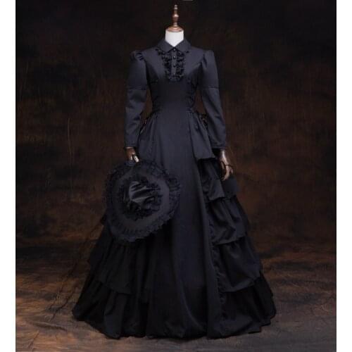 Black ruffled gown with hat gothic long medieval dress Renaissance lace Gown princess costume Victorian /Marie Antoinette