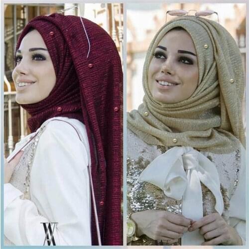 75*180cm Stretchy gold yarn islamic scarfs muslim beading hijab scarf with pearls foulard femme musulman arab headscarf