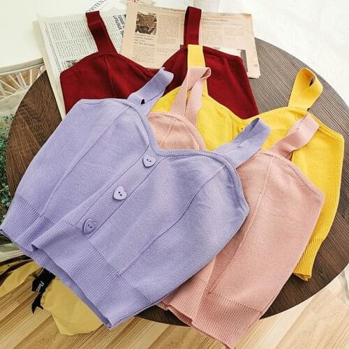 Heliar Women Crop Tops Deep V Neck Straps Knitted Tops Button Up Sweet Heart Casual Camis Cute Crop Tops For Women 2021 Summer