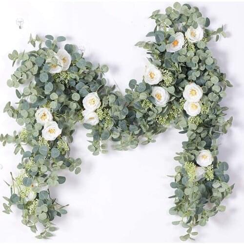6.2FT Artificial Plant Flowers Eucalyptus Garland With White Roses Greenery Leaves For Wedding Backdrop Party Wall Table Decor