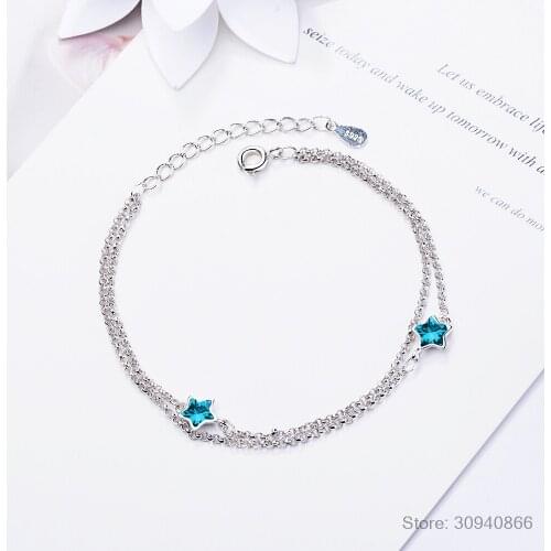 New Atmosphere Fashion Exquisite 925 Sterling Silver Jewelry Blue Five Pointed Star Crystal Double Layer Sweet Bracelets SB158