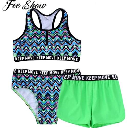 3Pcs Kids Girls Swimming Suits Summer Swimsuits Racer Back Zipper Crop Tops with Briefs Shorts Set Beach Swimwear Bathing Suits