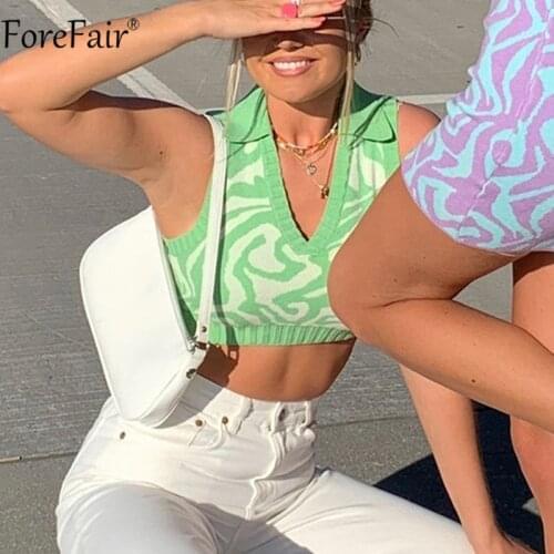 Forefair V Neck Green Y2k Crop Tops Summer 2021 Sleeveless Print Off Shoulder Patchwork Women Fashion Casual Sexy Knit Tank Top