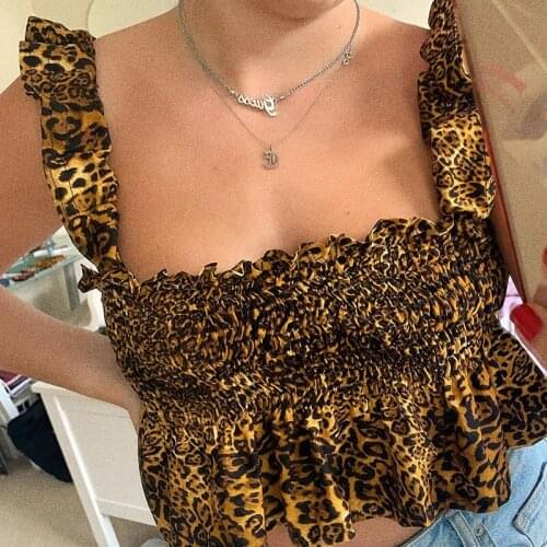 Missnight Ruffles Summer Tops Strechy Tank Top Backless Leopard Print Patchwork Wrap Chest Holiday Casual Crop Tops