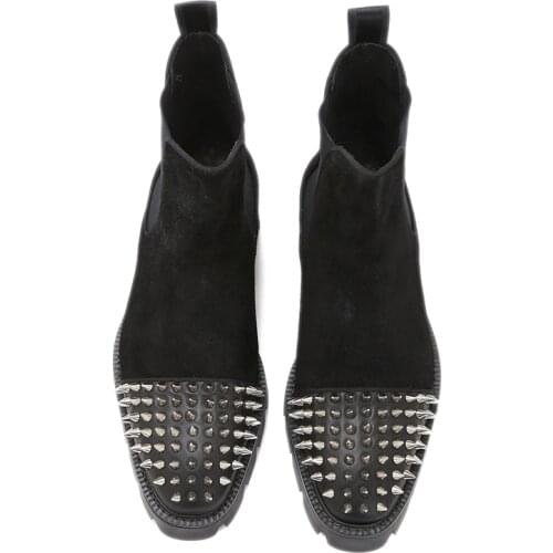 Short boot man square head thick sole tall sleeve rubber band punk metal nail head layer matte cowhide Chelsea boots man