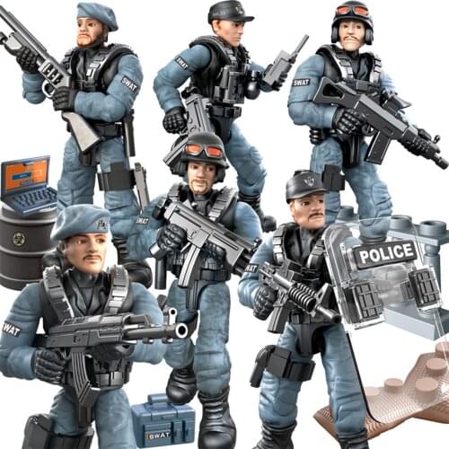 6Pcs Police Team Soldiers Set Small Particle Figure Weapon Toy