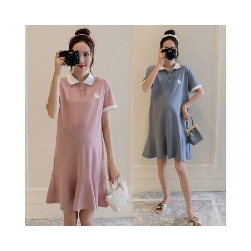 New summer wear maternity dress short sleeve casual lapel shirt dress korean loose little maternity dress