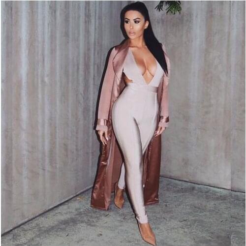 Nude deep v neck 2018 newest arrival clubware bodycon rayon full length bodycon bandage jumpsuits