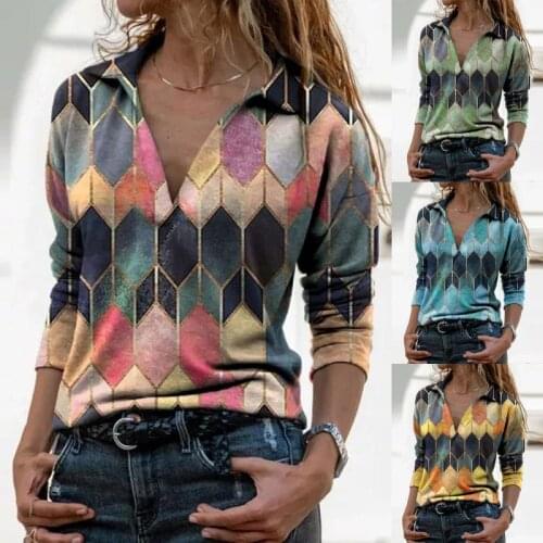 2021 Womens Shirt New Fashion Spring Retro Loose Deep V-Neck Blouse Patchwork Retro Printing Long-Sleeved Shirt Ladies Blous