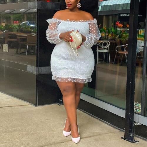 2020 New African Dress For Women Plus Size 4xl 5xl White Mini Length Sheath Slash Neck Long Sleeve Sexy Club Night Robe Dress