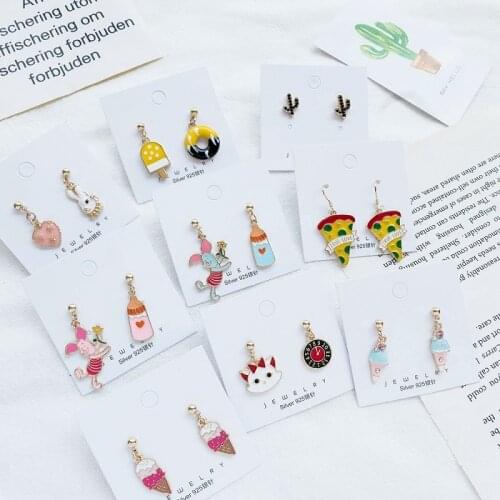 New Fashion Cute Cartoon Asymmetric Metal pendant Earrings For Women Girls Creative cactus ice cream animal personality Jewelry