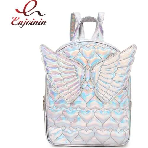 Dazzling Fashion Heart Embossed Wings Decorated Girls Mini Backpack Shoulder Bag Travel Bag School Bags For Teenage Girl Bolsa