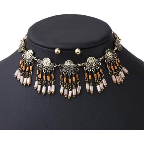 New Fashion Bohemian nice choker necklace set alloy Handmade beaded necklace jewelry two colours Antic gold wholesale for woman