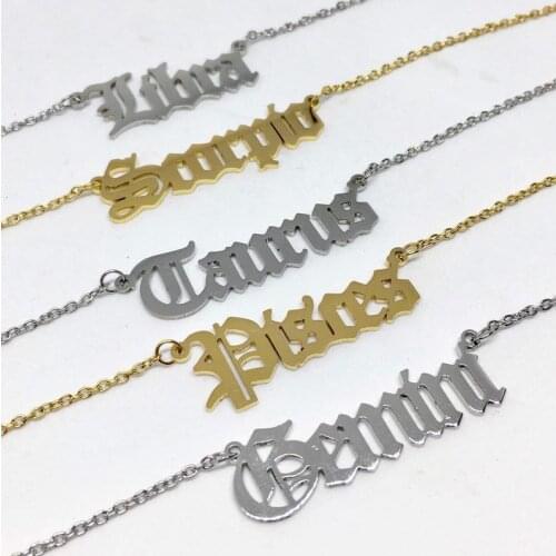 Womens Fashion 12 Constellation Necklace Stainless Steel Long Chain Aries Taurus Gemini Cancer Letter Necklace Mom Zodiac Gifts