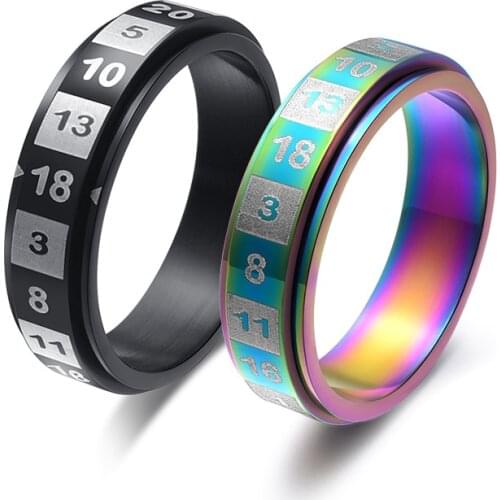 Multicolor Black Stainless Steel Spinner Ring for Women and Men Rotatable Number Lucky Ring Rainbow Wedding Couple Ring