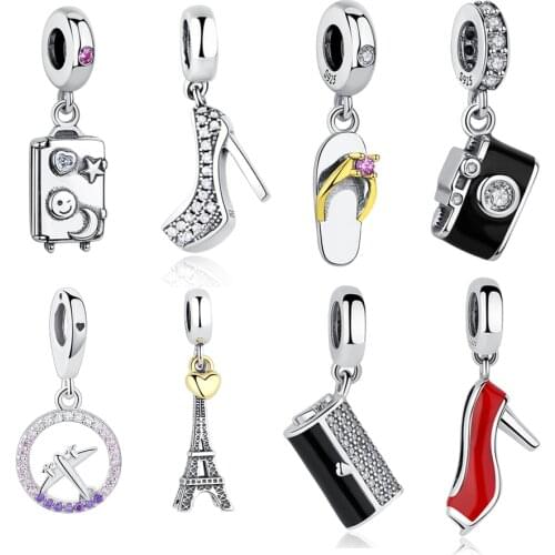 100% 925 Sterling Silver Charm Bead Suitcase High Heels Travel On The World Bead Fit Original Charm Bracelet DIY Jewelry