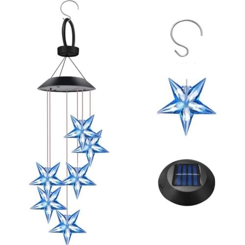 Solar Power Led Wind Chime Crystal Blue Star Color Changing Waterproof Outdoor Windchime Lighting for Home Garden Decor