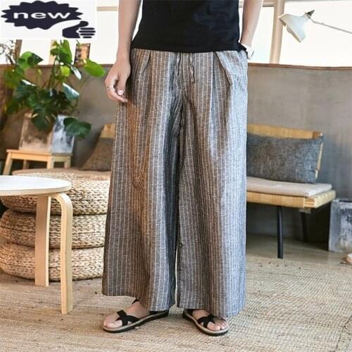 Harajuku Mens Baggy Wide Leg Striped Loose Fit Comfortable Cotton Linen Pants Casual Spring Summer Male Long Trousers