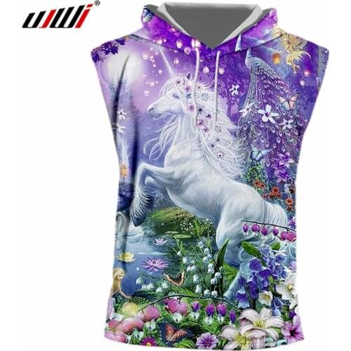 UJWI Unisex Summer Tops Men/womens Cool Print White Horse 3d Hooded Tank Top Fashion Streetwear Oversize Hooded Custom
