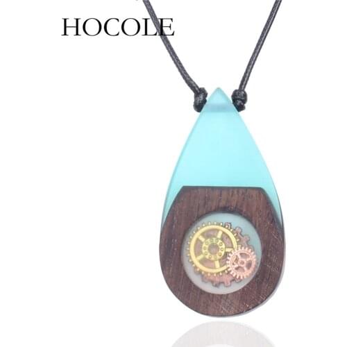HOCOLE Vintage Blue Resin Wood Pendant Necklaces Handmade Gear Water Drop Wooden Long Rope Necklace Women Men Jewelry Gfit