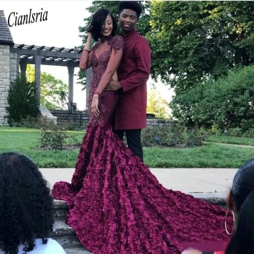 2020 Grape Prom Dresses Couple Fashion Vintage Long Sleeve 3D Rose Flowers Appliques Ruched Long Party Gowns Evening Wears