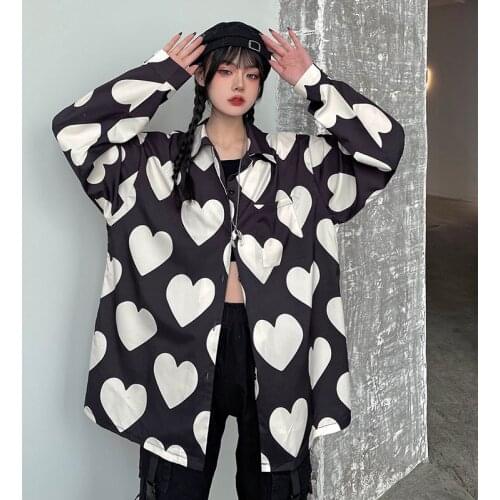 Womens Shirts Ulzzang Japanese Kawaii Ladies Vintage Love Print Loose Shirt Female Korean Harajuku Cute Clothes For Women