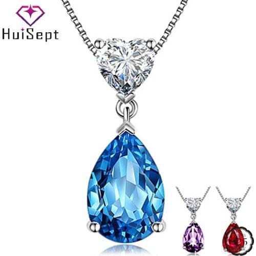 HuiSept Necklace 925 Silver Jewelry Water Drop Shape Sapphire Zircon Gemstone Pendant for Women Wedding Engagement Accessories