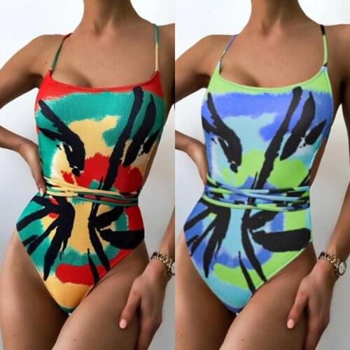 2021 European and American new style pit stripe cloth positioning digital printing color blooming one-piece sexy bikini Push up