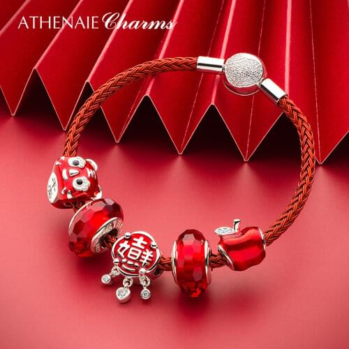 ATHENAIE 925 Sterling Silver Red Enamel Chinese Safe Helath Tiger Head Shoes Best Wishes Charms Bracelet