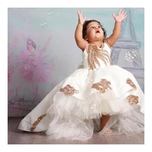 Sparkly high low golden sequins applique flower girl dresses toddler kids baby birthday party evening gown with long train