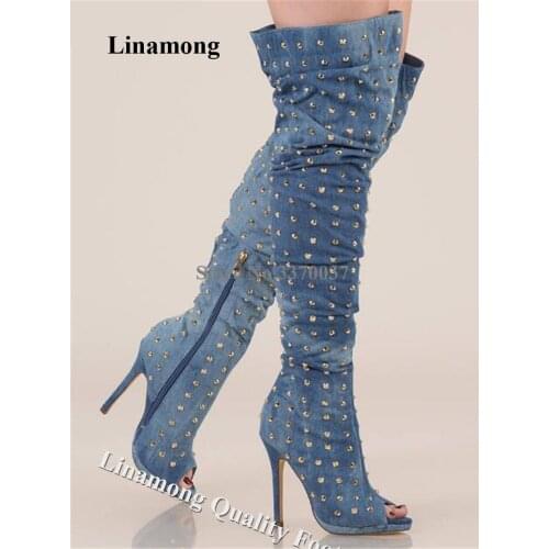 Western Fashion Peep Toe Denim Over Knee Stiletto Heel Gold Rivet Boots Blue Black Long High Heel Boots Dress Heels Shoes