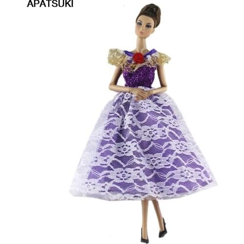 Purple Lace Rose One-Piece Evening Party Dress for Barbie Doll Clothing Dress Outfits Clothes for 1/6 BJD Doll House Kid Toy