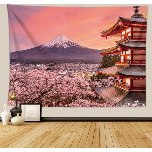 Japanese Wall Tapestry Pink Cherry Tree Fuji Mountain Nature Landscape Beautiful Hanging Wall Cloth Carpet Dorm Decor Background