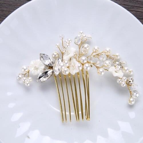 Gold Color Small Size Hair Combs Pearl Rhinestone Wedding Hair Jewelry Women Handmade Beads Bridal Hair Accessories Ornament
