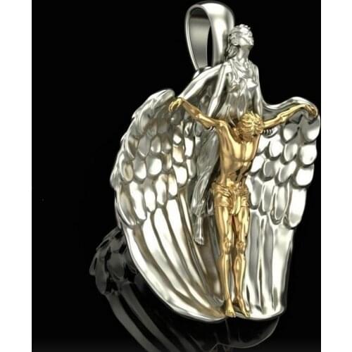 Exquisite Two Tone Jesus and Angel Wings Pendant for Men Women Couple Pendant Jewelry Punk Christmas Gifts