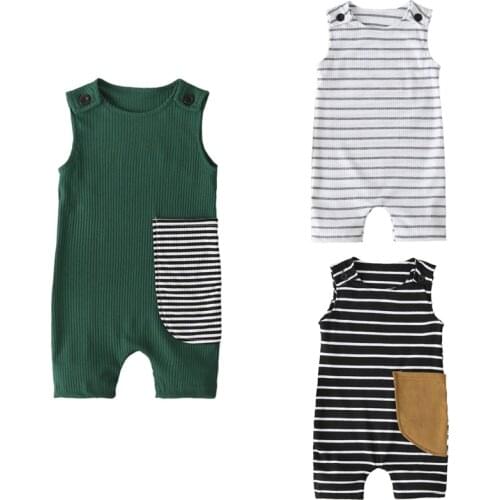 Citgeett Summer Newborn Infant Baby Girls Boys Rompers Striped Pocket Print Sleeveless Jumpsuits Casual Clothes