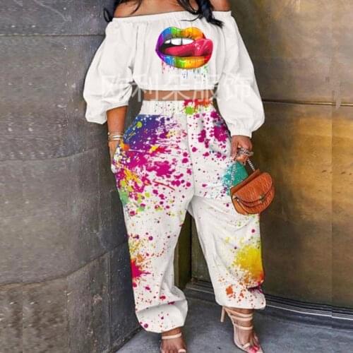 2021 Summer Casual Fashion Street Ladies Slim Street Sexy Fashionable One-Shoulder Print Two-Piece Set