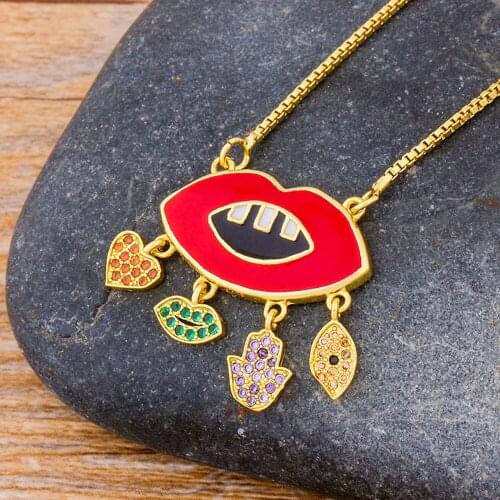 Fashion White Red Lip Mouth Choker Necklace Rainbow Cubic Zirconia Pendant Necklace Gold Chain For Women Crystal Jewelry Gift