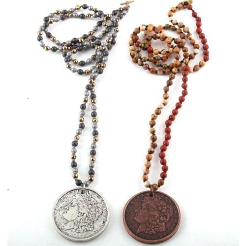 MOODPC Fashion Bohemian Tribal Jewelry 4mm Natural Stones Long Knotted Metal Disco Pendant Necklaces Women Necklace