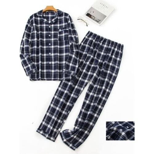 Mens Sleepwear 100% Cotton Long Sleeve Shirt Pants 2Piece/Set Casual Pajamas Set Big Size Man Homewear 2020 Plaid Top Pajamas