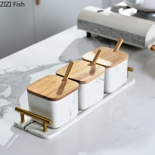 Imitation Marble Ceramic Kitchen Seasoning Tank Set with Tray Wooden Cover Salt Shaker Pepper Can Spice Jar Kitchen Accessories