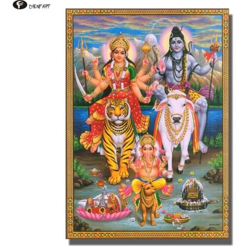 CHENFART Buddha Wall Art Shiva Parvati Ganesha Oil Painting Canvas Wall Pictures for Living Room no Frame