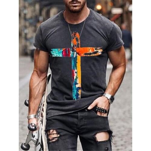 Oversized 5XL Short-sleeved Top Mens Summer Cross Print Streetwear Round Neck Trendy T-shirt Male 2021 Fitness Pullovers Tops